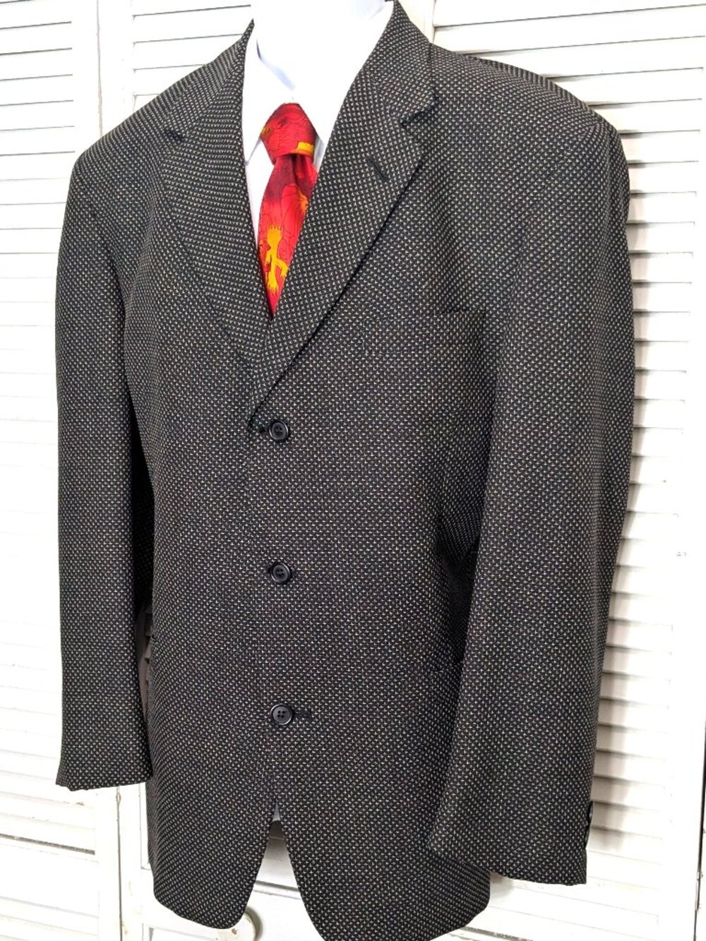 Daniel Hechter VTG 80s Mens Black Wool Sport Coat Blazer 44R Beige polka dot Mob